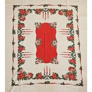 Vtg Christmas Tablecloth Cotton Print Poinsettias Candlesticks MCM Red 70x58